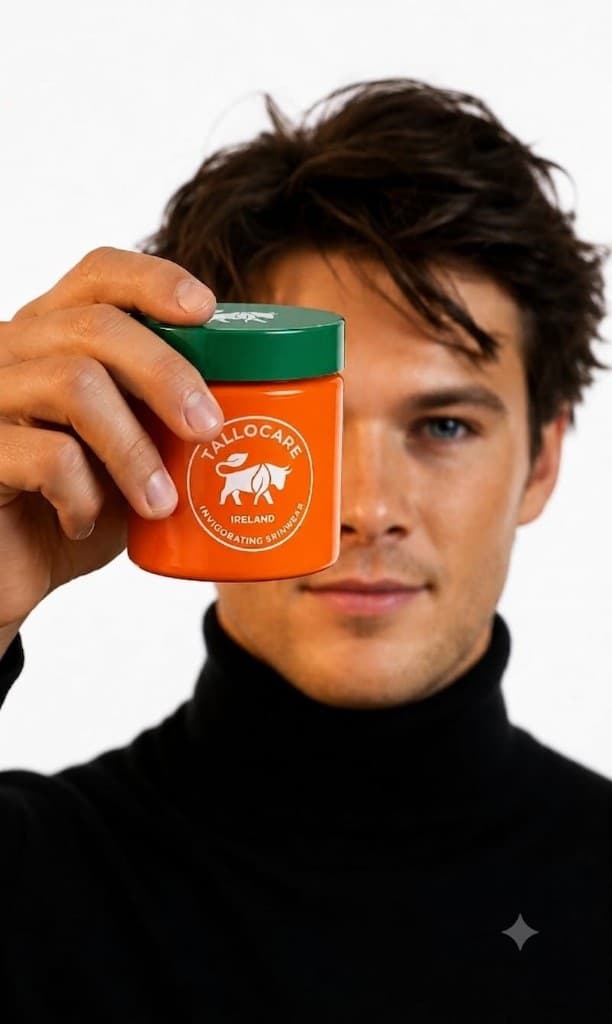 Model holding TalloCare invigorating skinwear balm