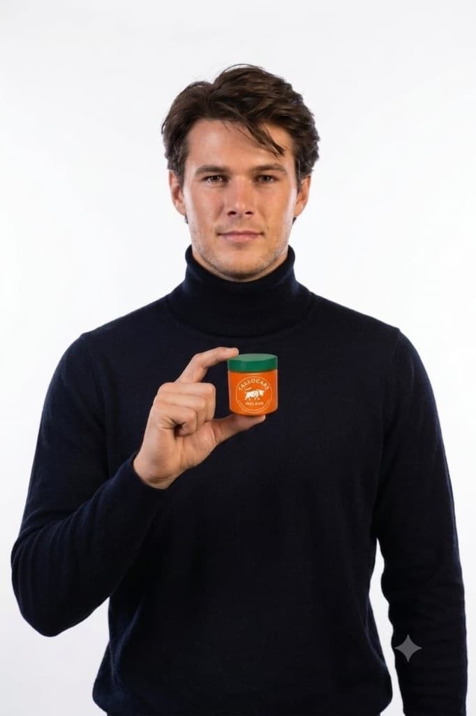 TalloCare balm held by model