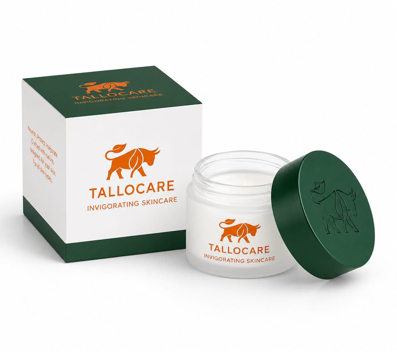 TalloCare packaging box with open jar and forest green lid