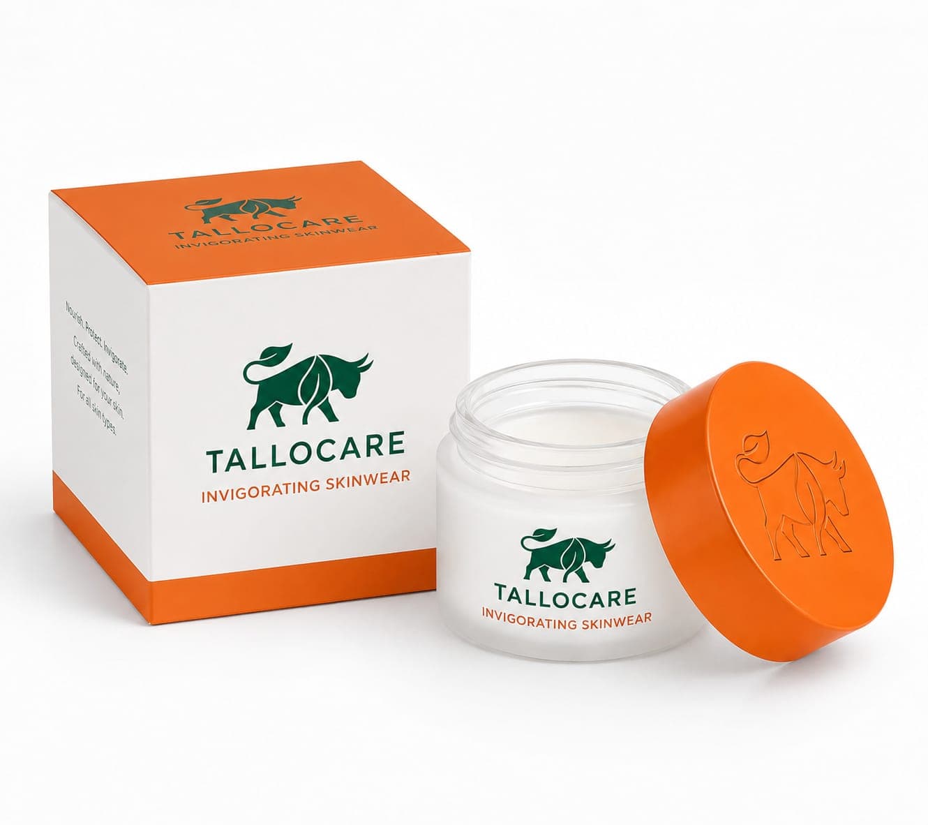 TalloCare box and frosted jar with orange lid