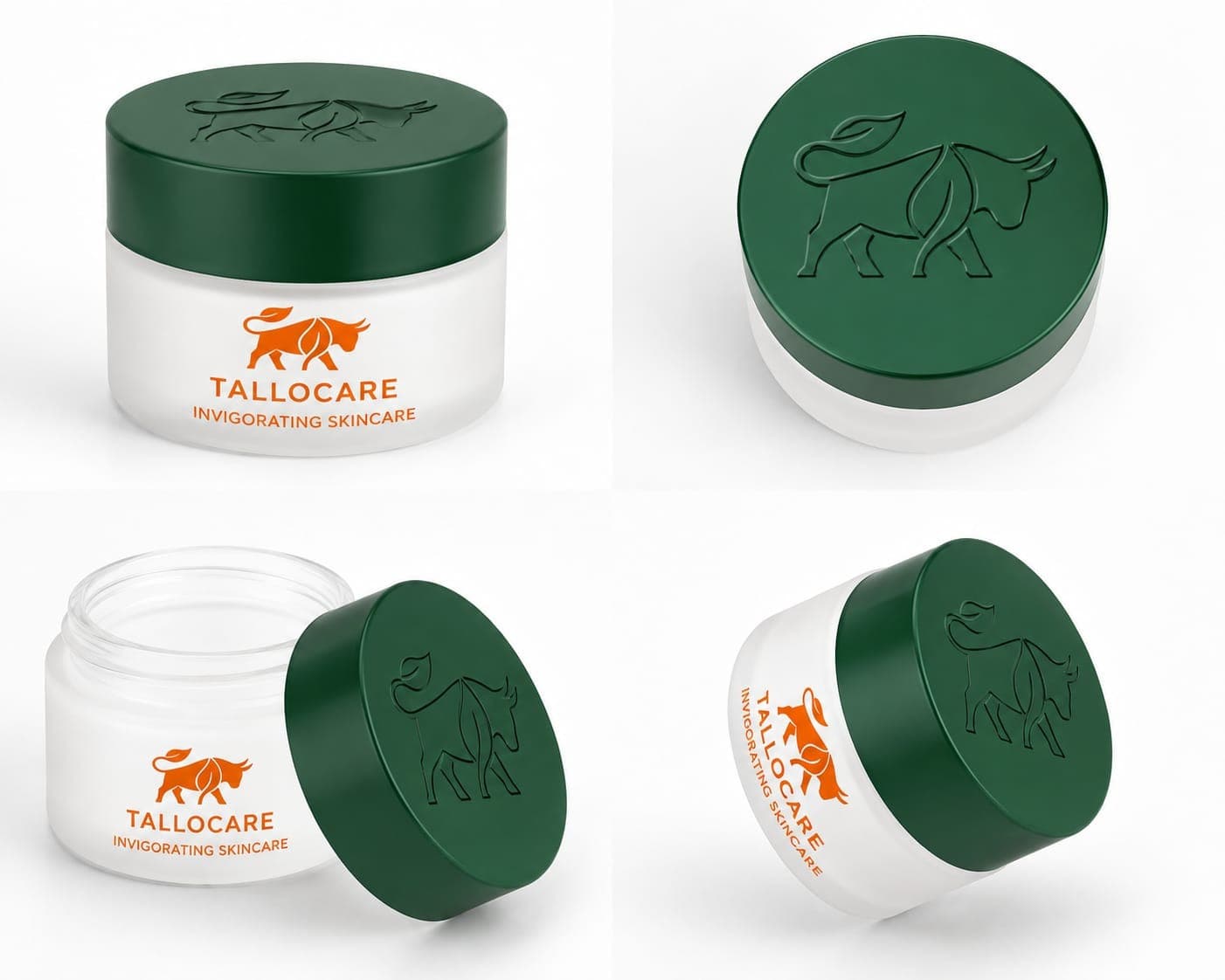 TalloCare jar with forest green lid — four views