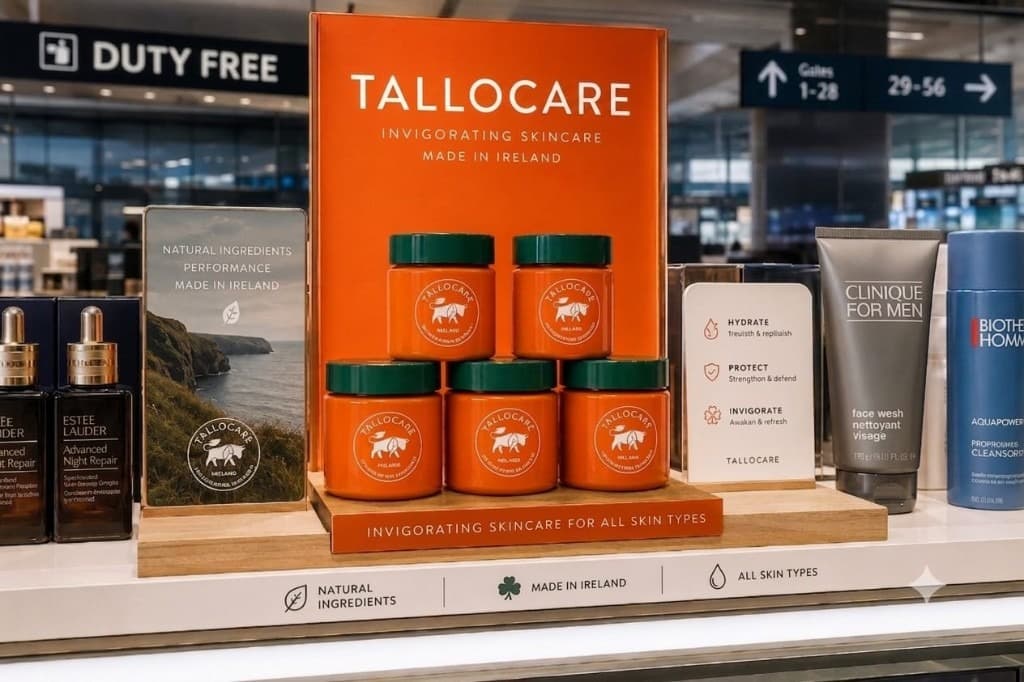 TalloCare duty-free retail display with Irish coastal backdrop