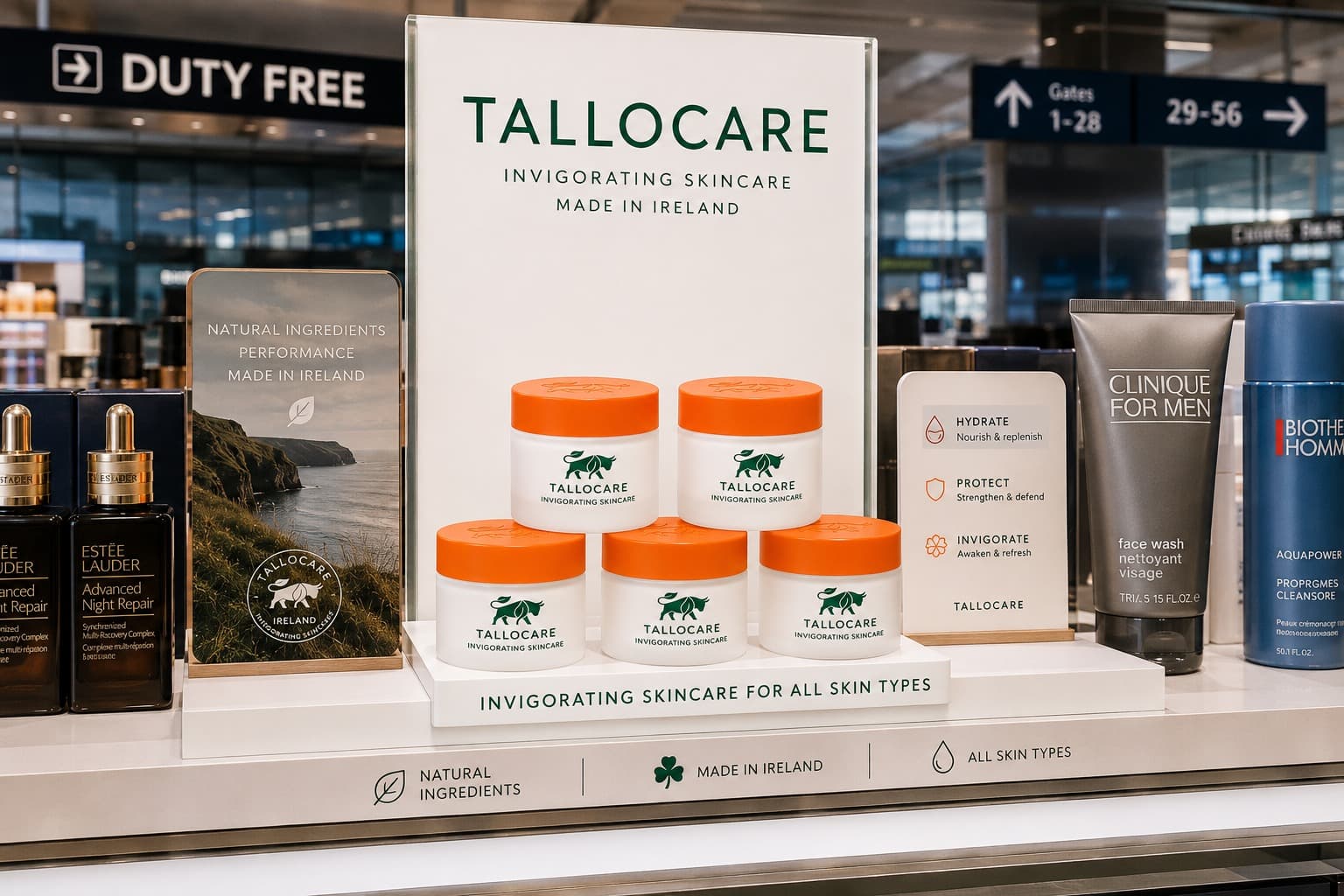 TalloCare white duty-free display beside luxury brands